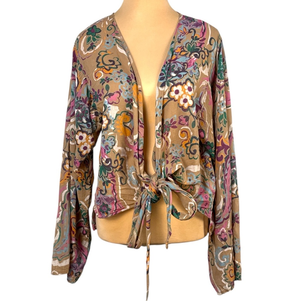 Venti6 Spring Floral Print Tie-Front Top Beige Multi Size M
